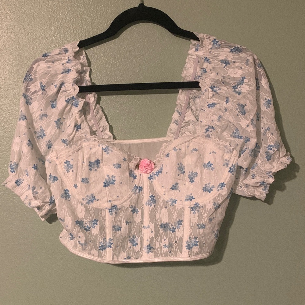 Elegant White and Blue Floral Women's Blouse corset top